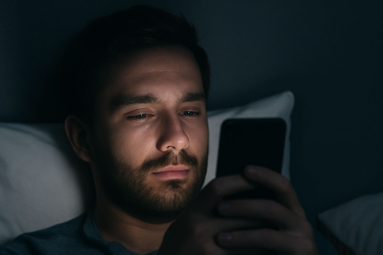 Ein Mann liegt im Bett, das Licht ist aus und er hält ein Handy vor sein Gesicht.