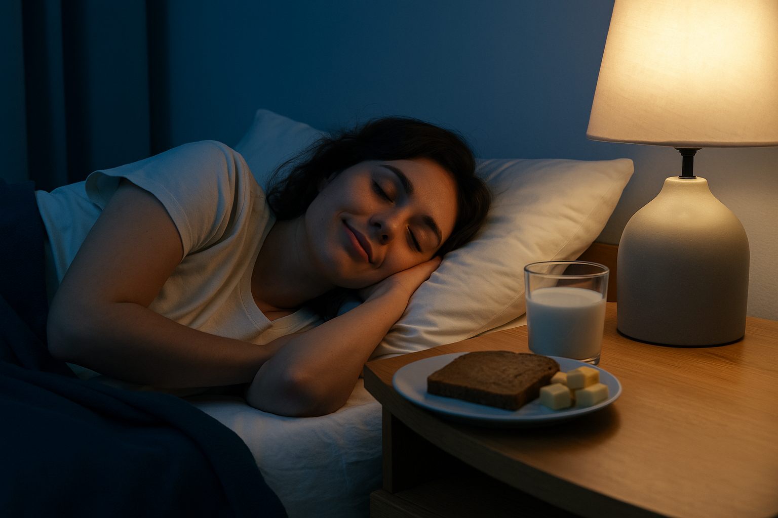 Ein Frau ist im Bett am Schlafen und ein Teller mit Essen und einem Glas Milch steht auf dem Nachttisch